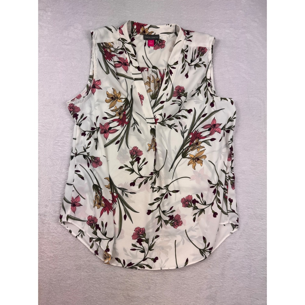 Vince Camuto Womens Small Floral Sleeveless V-Neck Blouse Ivory Pink Botanical